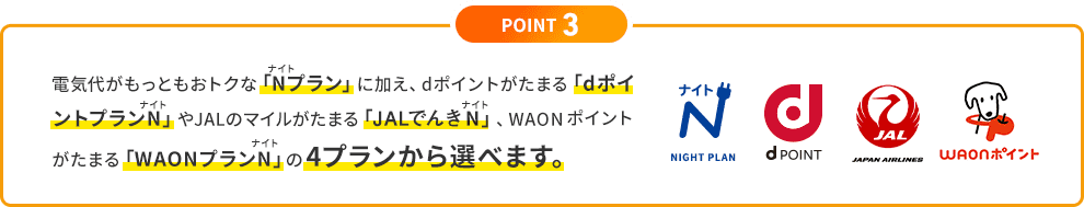 POINT3：電気代がもっともおトクな「Nプラン」に加え、dポイントがたまる「dポイントプランN」、JALマイルがたまる「JALマイルプランN」やWAONポイントがたまる「WAONプランN」の4プランから選べます。